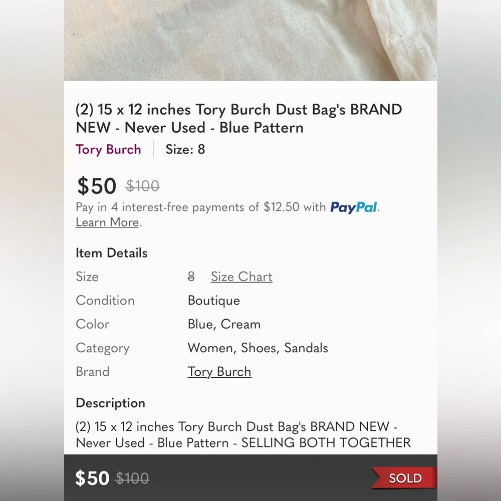 TWO Tory Burch dust bags 15” x 12” with Blue and Cream Accents